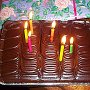 The cake had six candles on it - even though it was Tilly-Bear's fifth birthday. It was a chocolate fudge cake. After everybody sang each other HAPPY BIRTHDAY or HAPPY ANNIVERSARY, the candles were blown out and it was time to open the gifts.